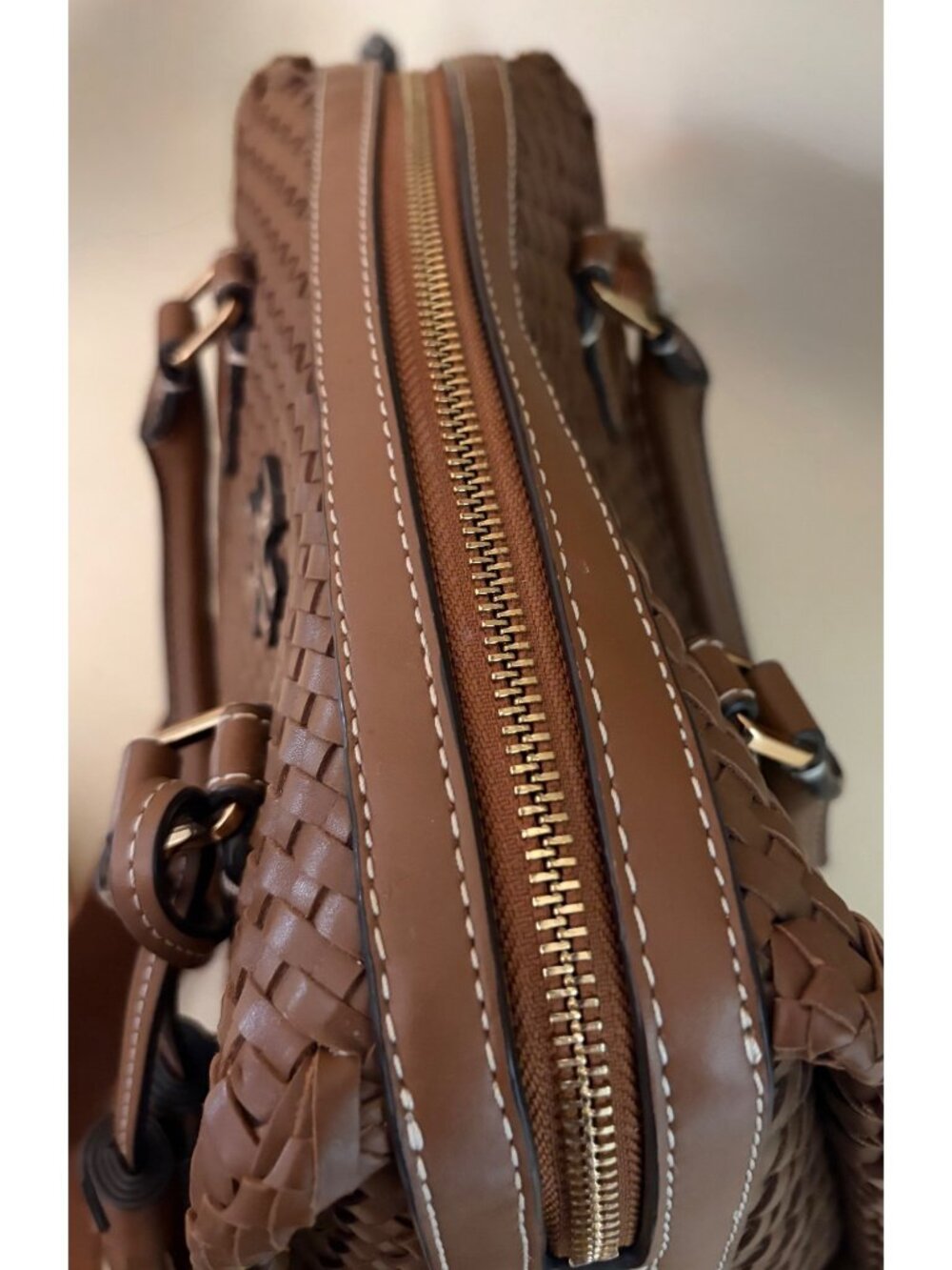 Tory Burch Thea Woven Leather McGraw Web Small Satchel Handbag Wide Crossbody Sh - Picture 8 of 16